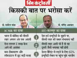 कोरोना की तीसरी लहर पर 2 बड़े वैज्ञानिक बंटे:ICMR ने कहा- अगले 3 हफ्तों में तीसरी लहर आएगी, रोज एक लाख तक केस आएंगे; IIT के प्रोफेसर बोले- भारत हर्ड इम्यूनिटी के नजदीक
