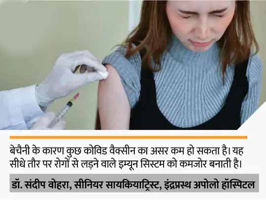 सुई और साइड इफेक्ट के डर ने बढ़ाई बेचैनी:वैक्सीन लगने के बाद 30% तक साइडइफेक्ट की वजह है बेचैनी, महिलाओं में इसके मामले ज्यादा; भारतीय इम्युनाइजेशन कमेटी की रिसर्च
