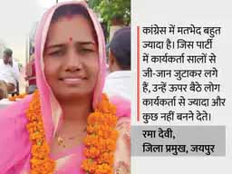 रमा देवी ने क्यों छोड़ी कांग्रेस, इंटरव्यू:जयपुर जिला प्रमुख बनी रमा बोलीं- पूरे समय हाईकमान-हाईकमान रटकर कार्यकर्ताओं का गला घोंट देते हैं, कांग्रेस वाले तो अपने कर्मों से हारे