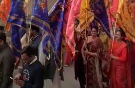 एकादशी पर निकाली श्याम ध्वजा यात्रा:पांच किलोमीटर तक नाचते गाते निकले श्रद्धालु, दुर्गा मंदिर से खाटू श्याम धाम पहुंची